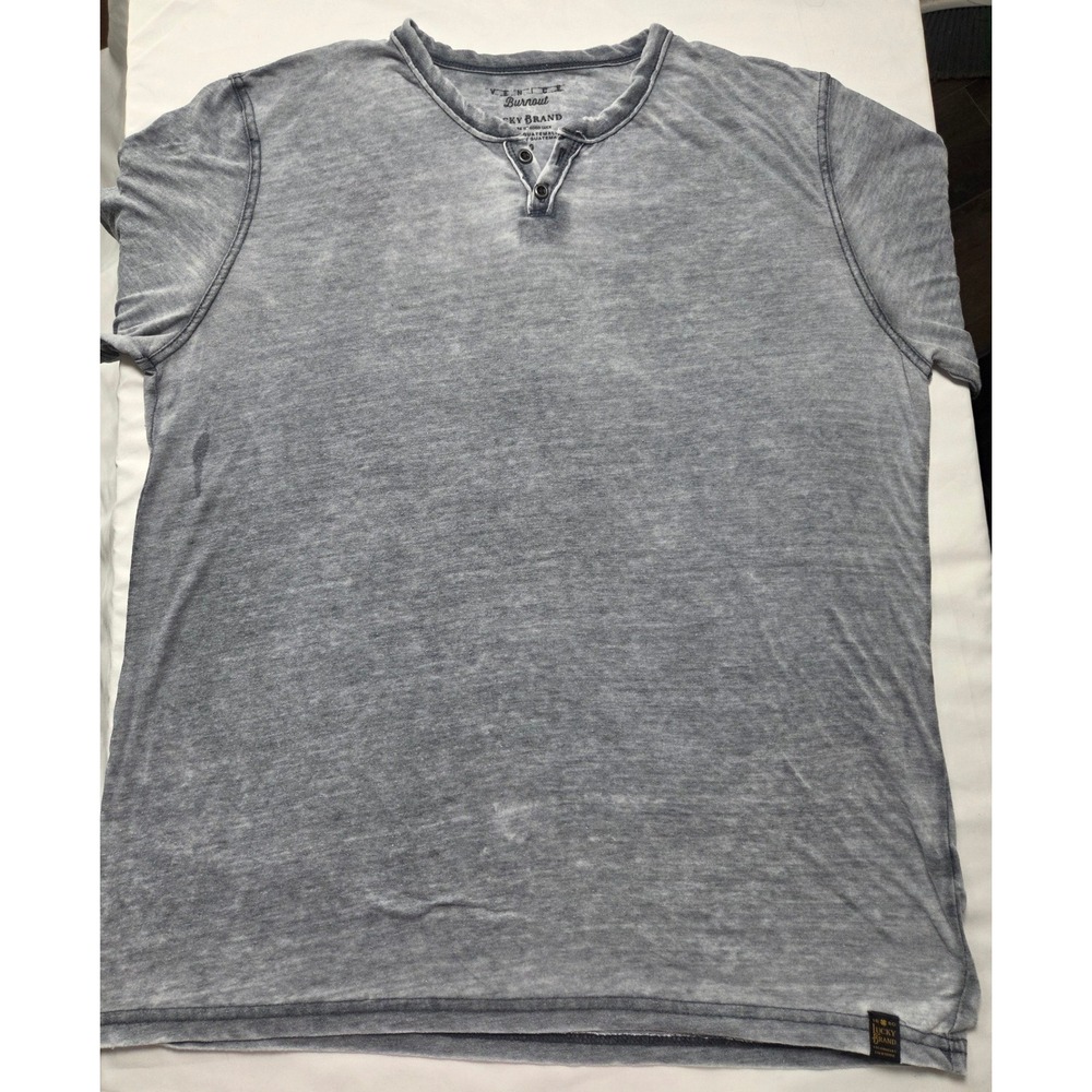 Lucky Brand Venice Burnout Henley Shirt Mens Large Blue Gray Short Sleeve Tee